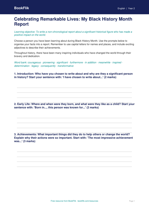 Free Black History Month Writing Frame | Year 2 Greater Depth | BookFlik worksheet preview — English Black History Month