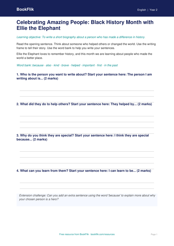 Free Black History Month Writing Frame | Year 2 Supported | BookFlik worksheet preview — English Black History Month
