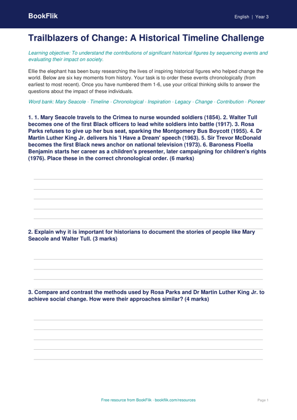 Free Black History Month Activity Sheet | Year 3 Greater Depth | BookFlik worksheet preview — English Black History Month