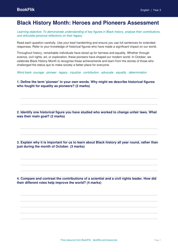 Free Black History Month Assessment | Year 3 Greater Depth | BookFlik worksheet preview — English Black History Month
