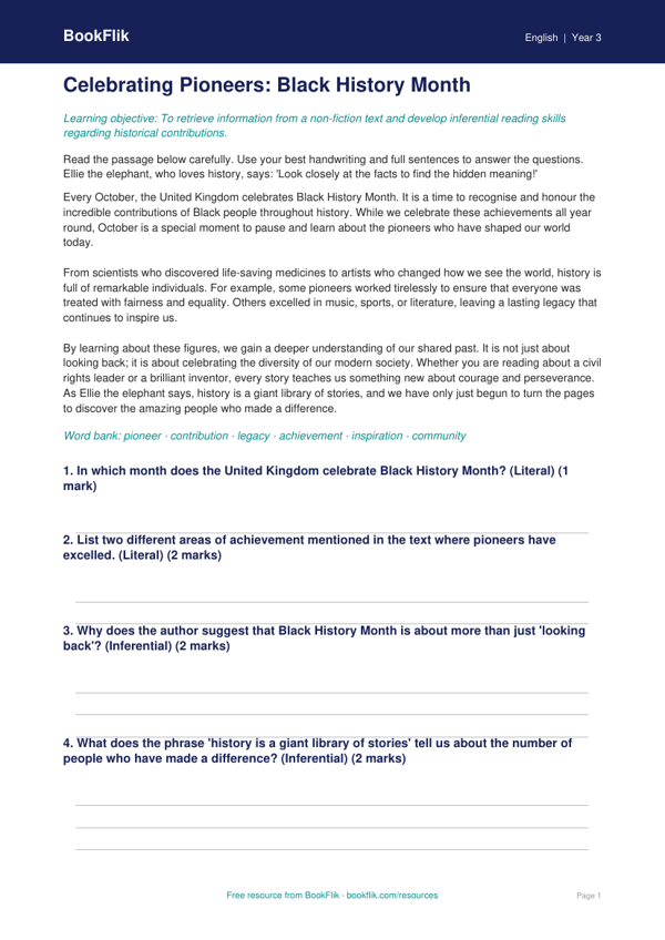 Free Black History Month Comprehension | Year 3 Greater Depth | BookFlik worksheet preview — English Black History Month