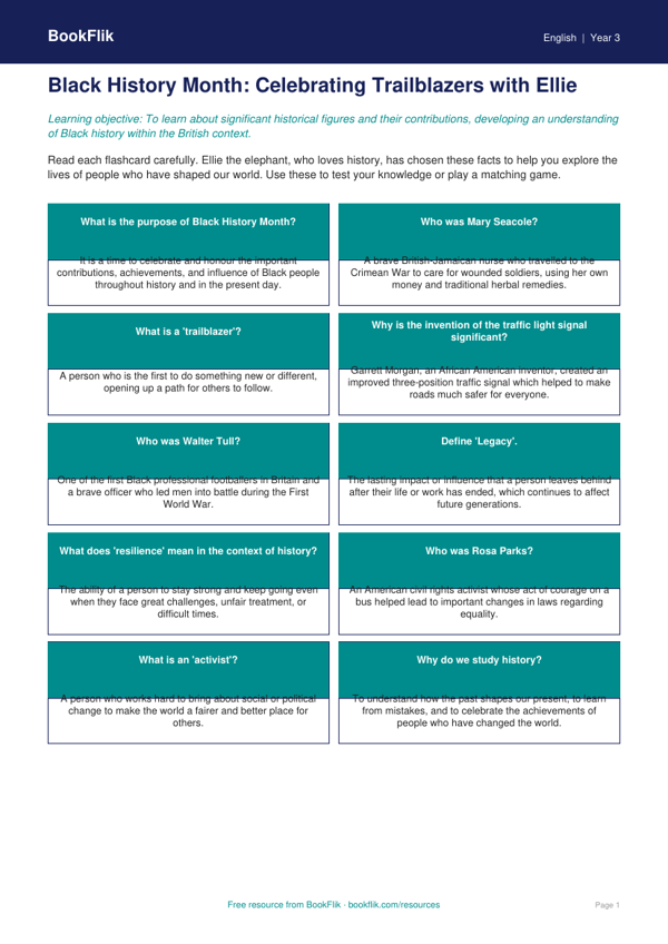 Free Black History Month Flashcards | Year 3 Greater Depth | BookFlik worksheet preview — English Black History Month