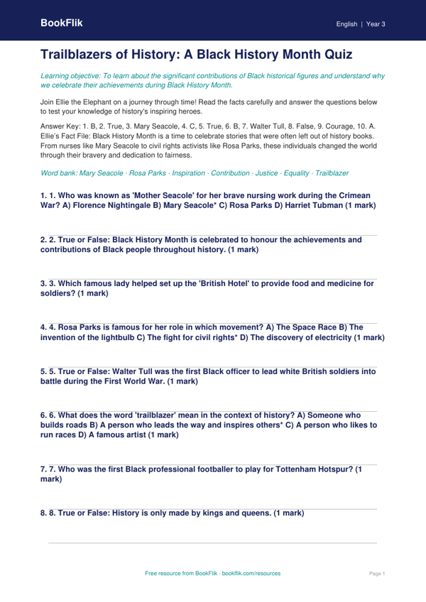 Free Black History Month Quiz | Year 3 Greater Depth | BookFlik worksheet preview — English Black History Month