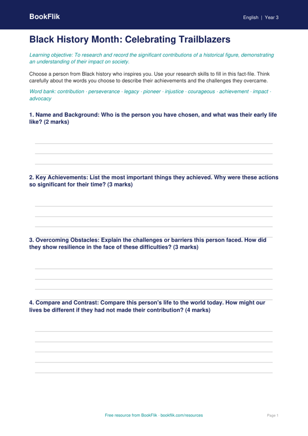 Free Black History Month Template | Year 3 Greater Depth | BookFlik worksheet preview — English Black History Month