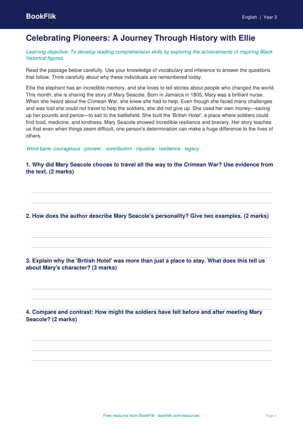 Free Black History Month Track Sheet | Year 3 Greater Depth | BookFlik worksheet preview — English Black History Month