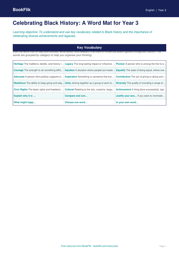Free Black History Month Word Mat | Year 3 Greater Depth | BookFlik worksheet preview — English Black History Month
