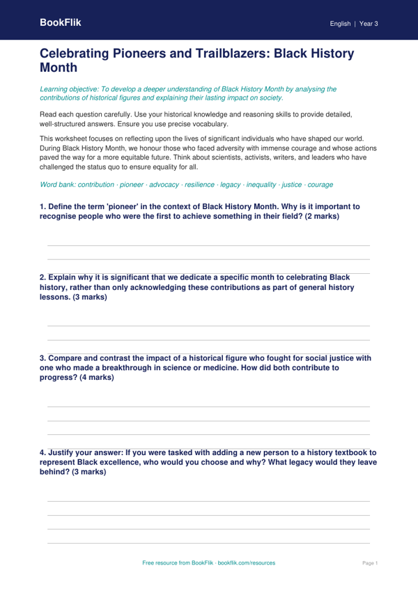 Free Black History Month Worksheet | Year 3 Greater Depth | BookFlik worksheet preview — English Black History Month