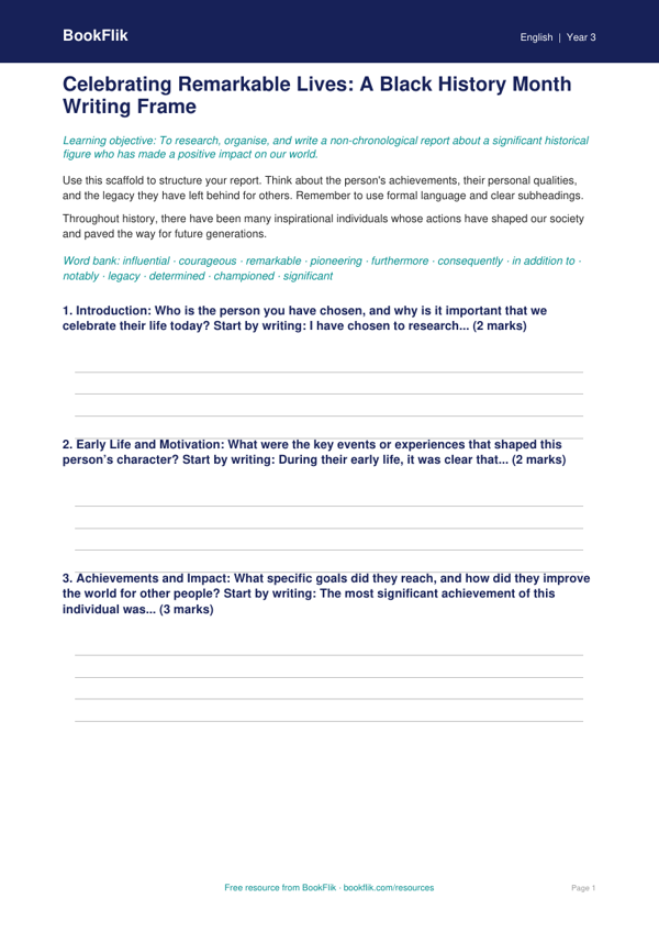 Free Black History Month Writing Frame | Year 3 Greater Depth | BookFlik worksheet preview — English Black History Month