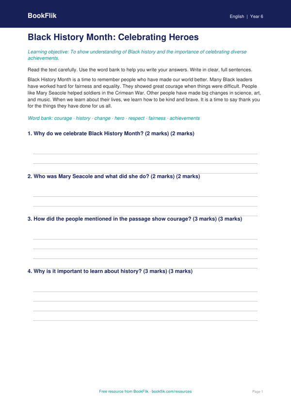 Free Black History Month Assessment | Year 6 Supported | BookFlik worksheet preview — English Black History Month