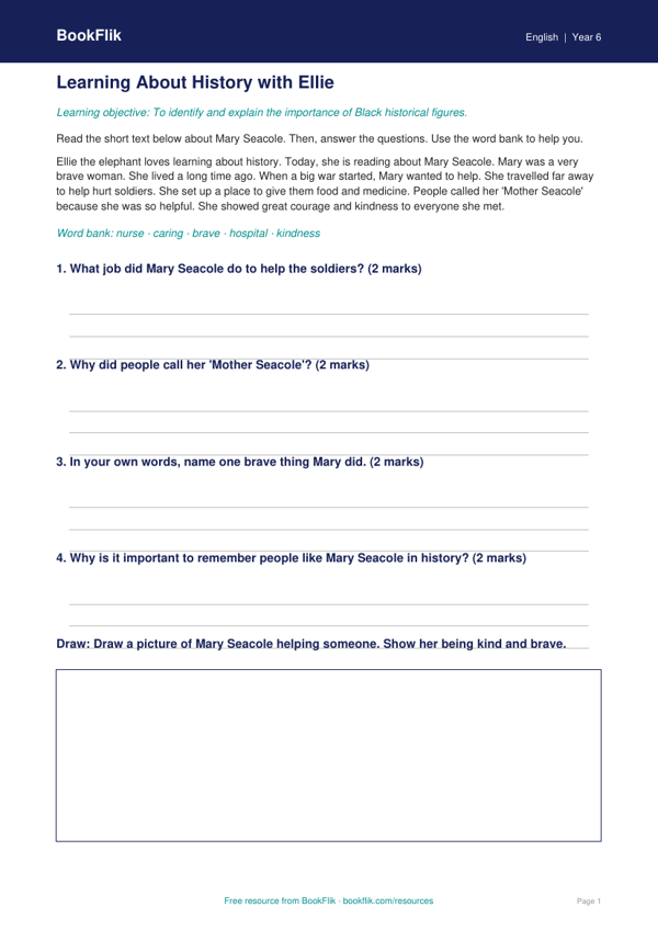 Free Black History Month Track Sheet | Year 6 Supported | BookFlik worksheet preview — English Black History Month