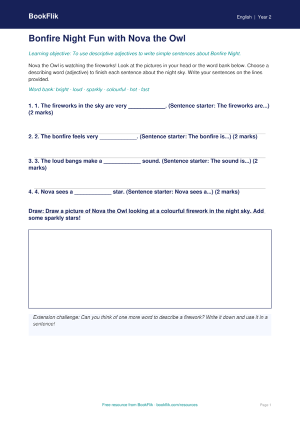 Free Bonfire Night Activity Sheet | Year 2 Supported | BookFlik worksheet preview — English Bonfire Night