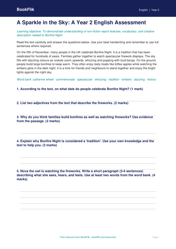 Free Bonfire Night Assessment | Year 2 Greater Depth | BookFlik worksheet preview — English Bonfire Night