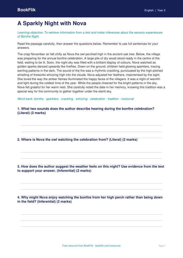 Free Bonfire Night Comprehension | Year 2 Greater Depth | BookFlik worksheet preview — English Bonfire Night