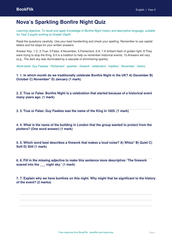 Free Bonfire Night Quiz | Year 2 Greater Depth | BookFlik worksheet preview — English Bonfire Night