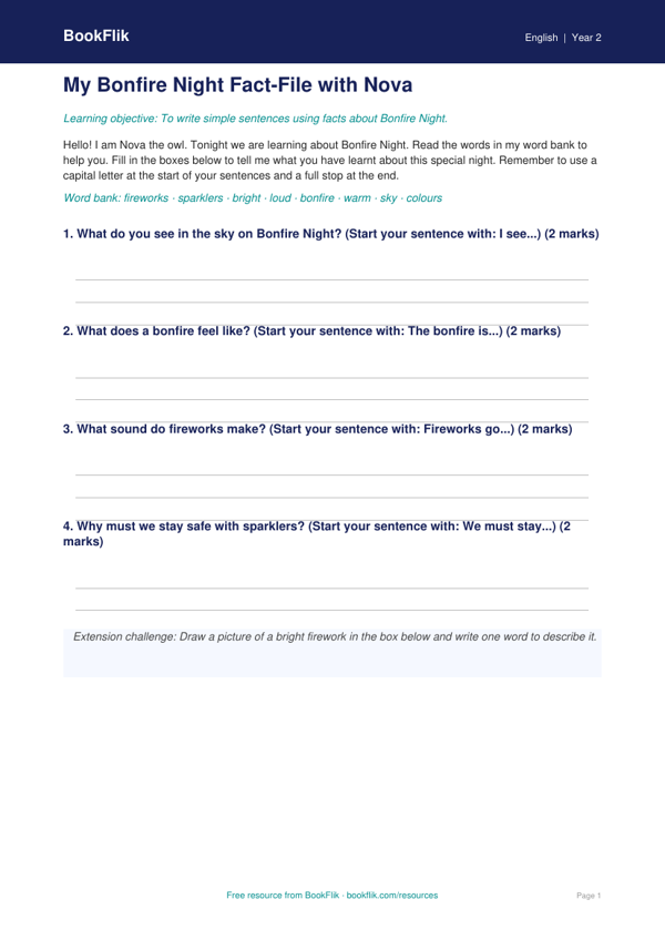 Free Bonfire Night Template | Year 2 Supported | BookFlik worksheet preview — English Bonfire Night