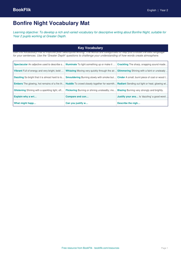 Free Bonfire Night Word Mat | Year 2 Greater Depth | BookFlik worksheet preview — English Bonfire Night