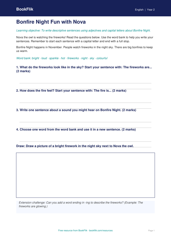 Free Bonfire Night Worksheet | Year 2 Supported | BookFlik worksheet preview — English Bonfire Night