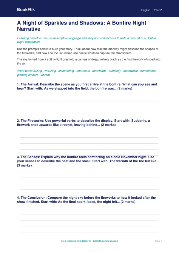 Free Bonfire Night Writing Frame | Year 2 Greater Depth | BookFlik worksheet preview — English Bonfire Night