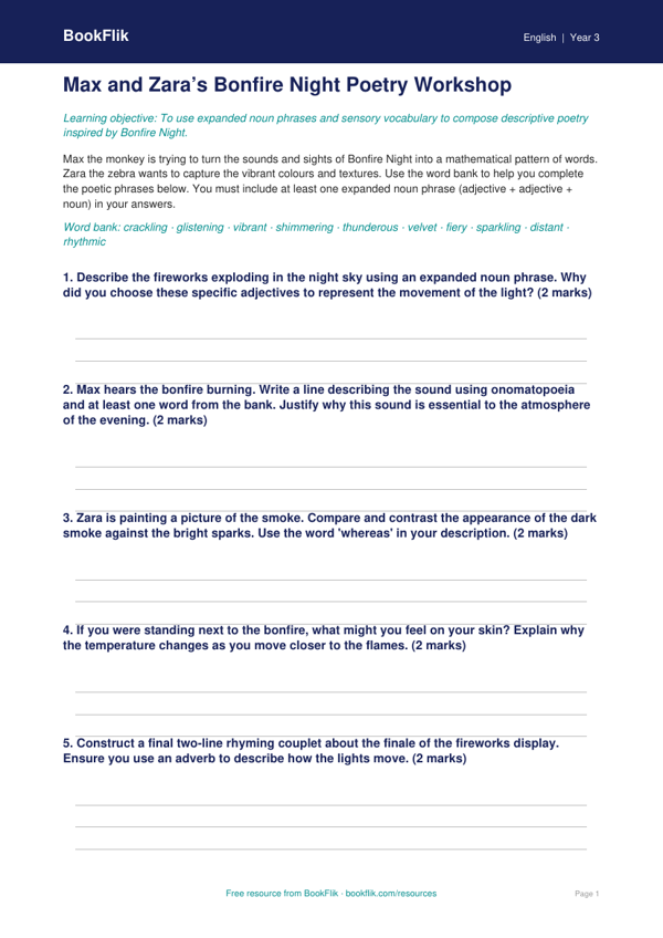 Free Bonfire Night Activity Sheet | Year 3 Greater Depth | BookFlik worksheet preview — English Bonfire Night