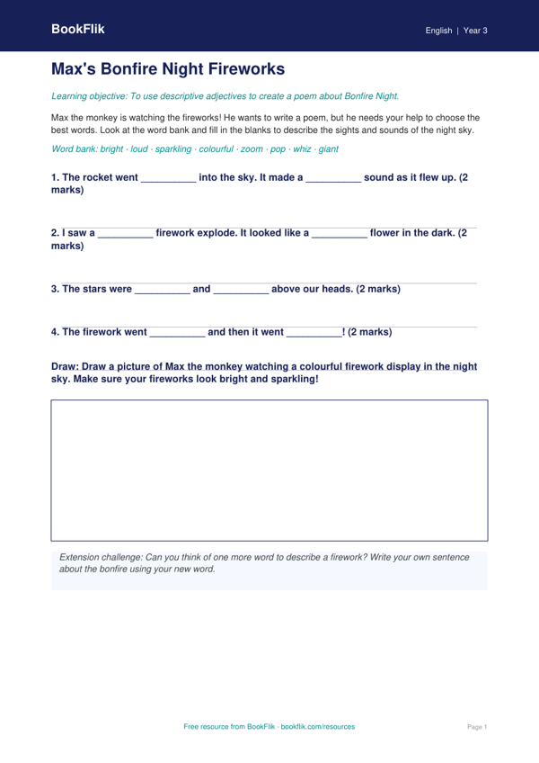 Free Bonfire Night Activity Sheet | Year 3 Supported | BookFlik worksheet preview — English Bonfire Night