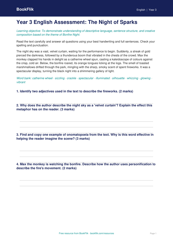 Free Bonfire Night Assessment | Year 3 Greater Depth | BookFlik worksheet preview — English Bonfire Night