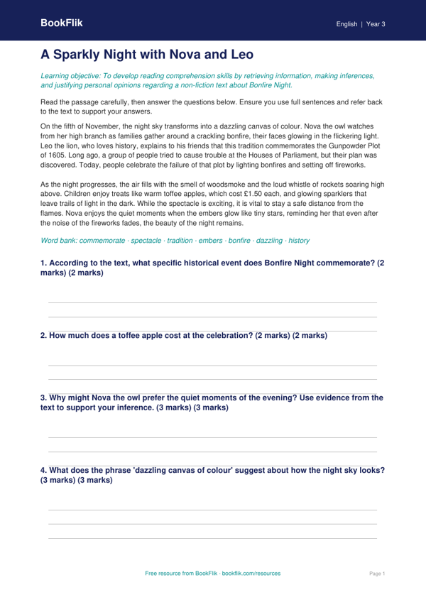 Free Bonfire Night Comprehension | Year 3 Greater Depth | BookFlik worksheet preview — English Bonfire Night