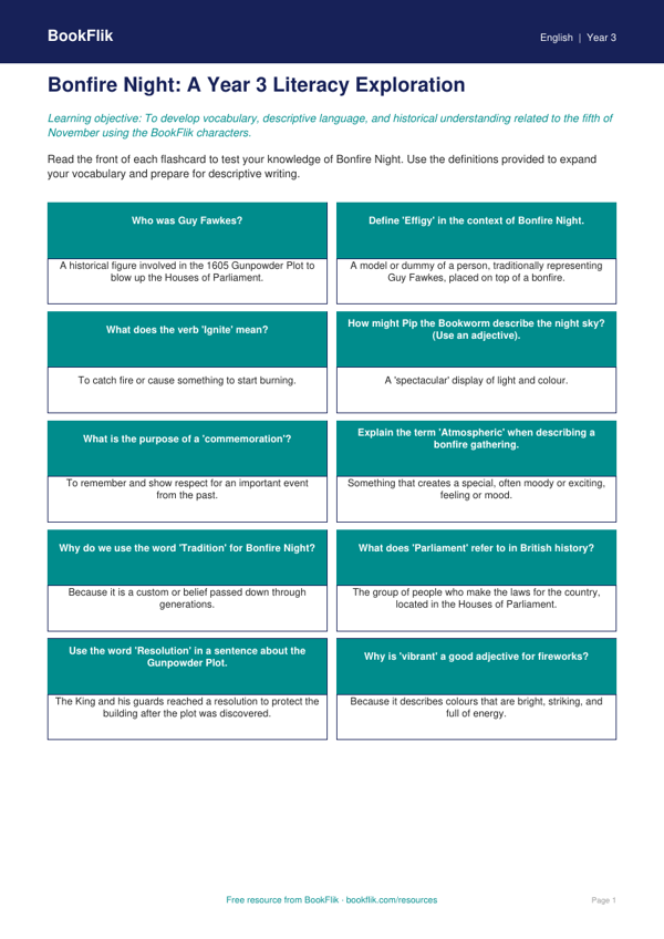 Free Bonfire Night Flashcards | Year 3 Greater Depth | BookFlik worksheet preview — English Bonfire Night