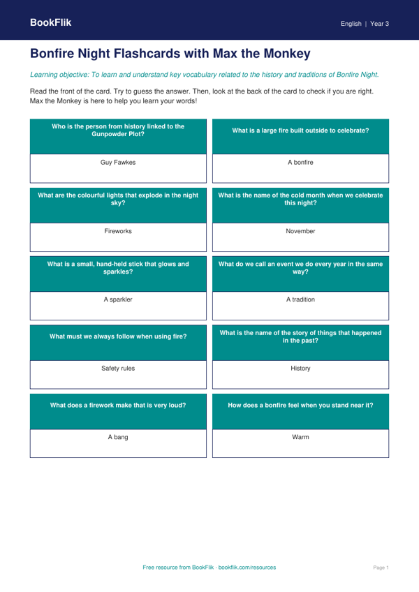 Free Bonfire Night Flashcards | Year 3 Supported | BookFlik worksheet preview — English Bonfire Night