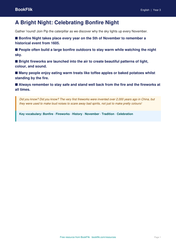 Free Bonfire Night Poster | Year 3 Supported | BookFlik worksheet preview — English Bonfire Night