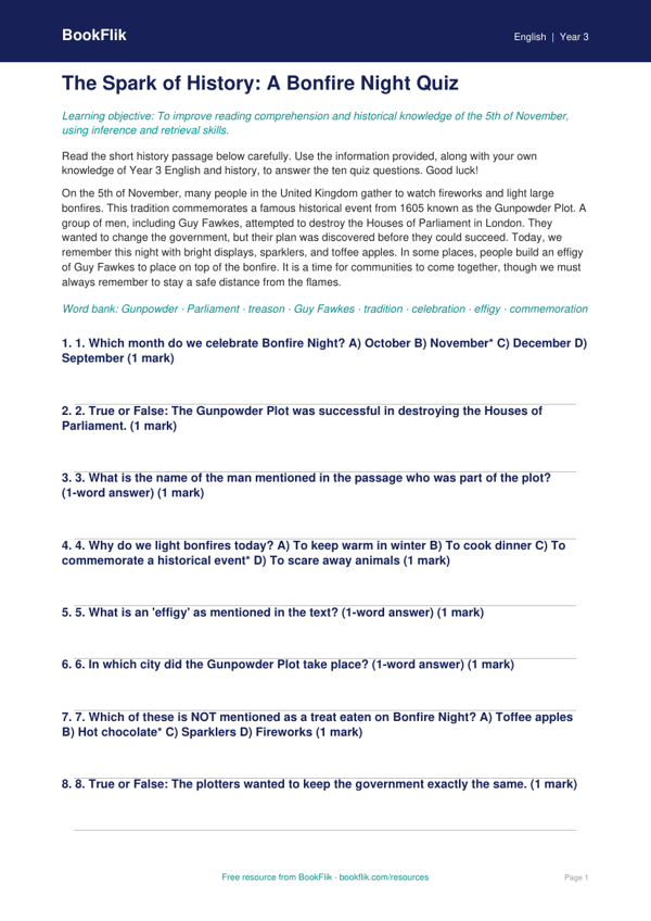 Free Bonfire Night Quiz | Year 3 Greater Depth | BookFlik worksheet preview — English Bonfire Night
