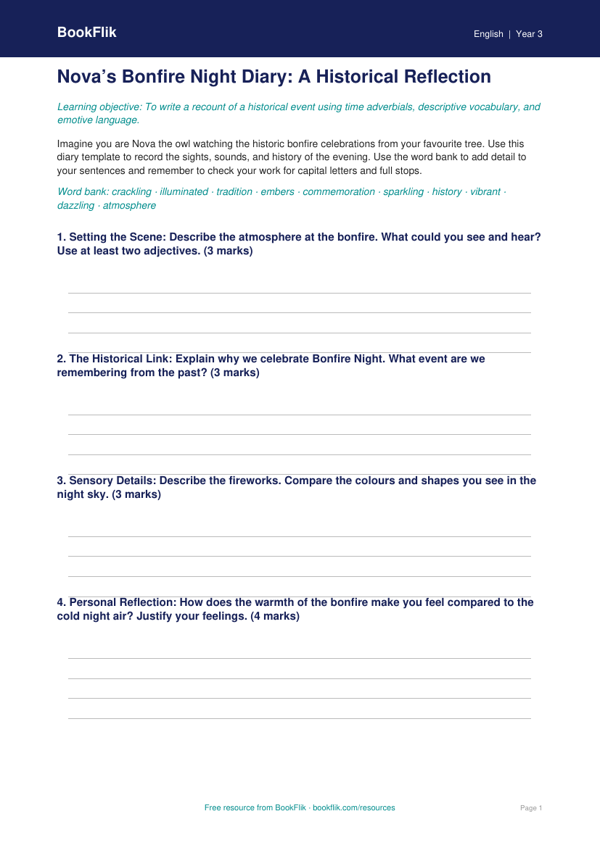 Free Bonfire Night Template | Year 3 Greater Depth | BookFlik worksheet preview — English Bonfire Night