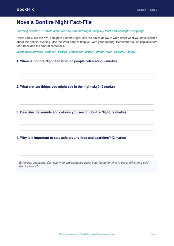 Free Bonfire Night Template | Year 3 Supported | BookFlik worksheet preview — English Bonfire Night
