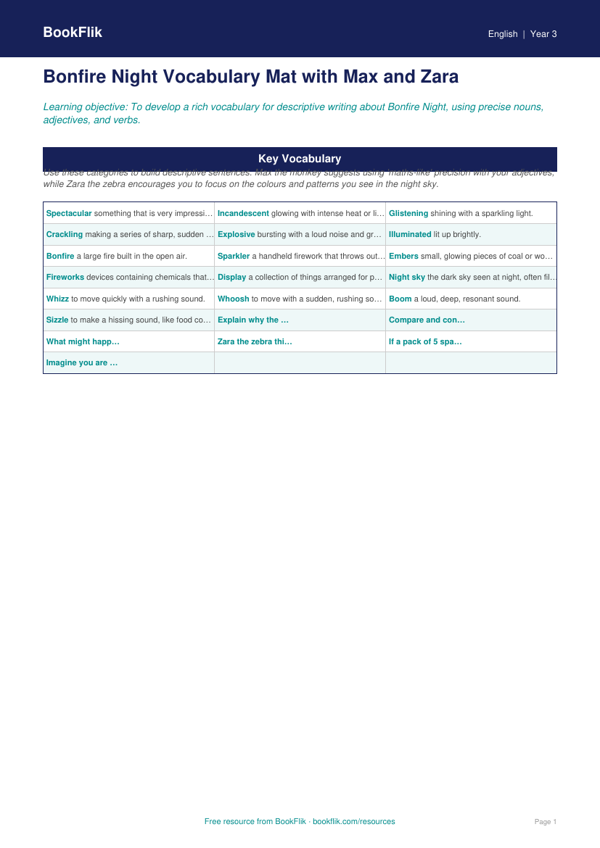 Free Bonfire Night Word Mat | Year 3 Greater Depth | BookFlik worksheet preview — English Bonfire Night