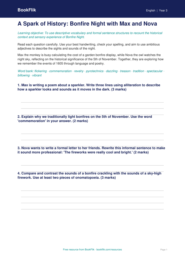 Free Bonfire Night Worksheet | Year 3 Greater Depth | BookFlik worksheet preview — English Bonfire Night
