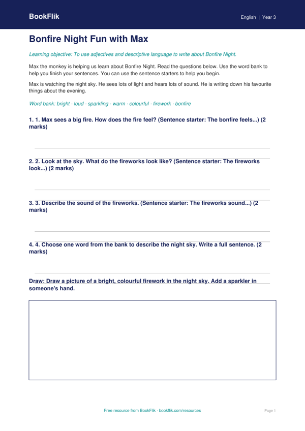 Free Bonfire Night Worksheet | Year 3 Supported | BookFlik worksheet preview — English Bonfire Night