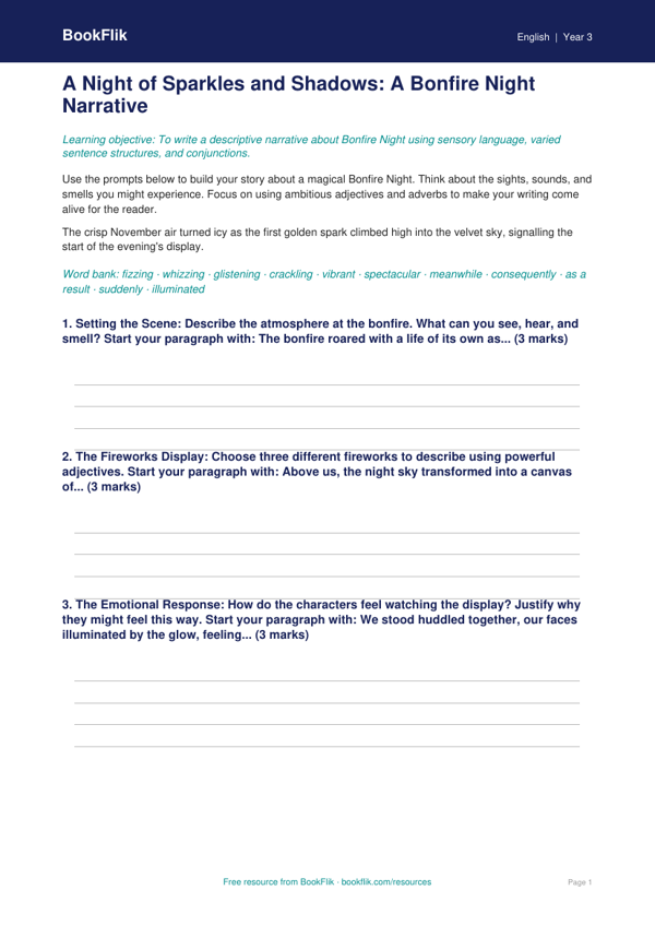 Free Bonfire Night Writing Frame | Year 3 Greater Depth | BookFlik worksheet preview — English Bonfire Night