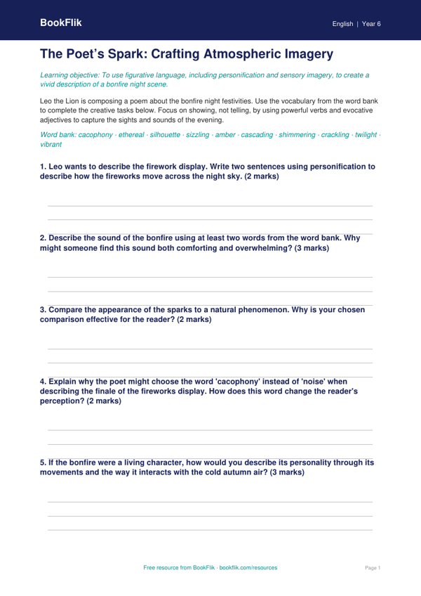 Free Bonfire Night Activity Sheet | Year 6 Greater Depth | BookFlik worksheet preview — English Bonfire Night