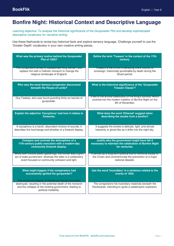 Free Bonfire Night Flashcards | Year 6 Greater Depth | BookFlik worksheet preview — English Bonfire Night