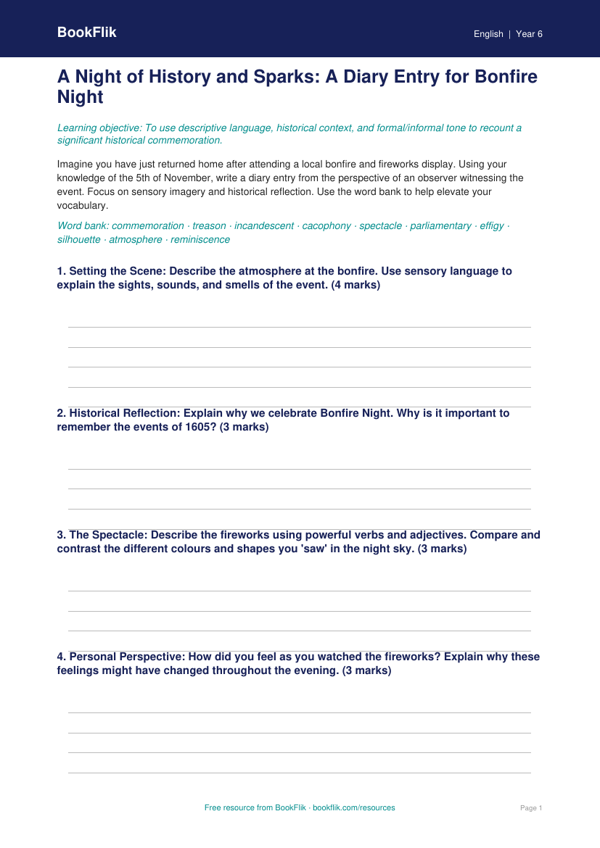 Free Bonfire Night Template | Year 6 Greater Depth | BookFlik worksheet preview — English Bonfire Night