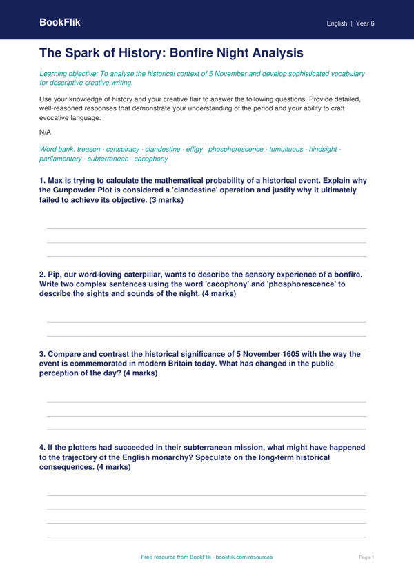 Free Bonfire Night Worksheet | Year 6 Greater Depth | BookFlik worksheet preview — English Bonfire Night