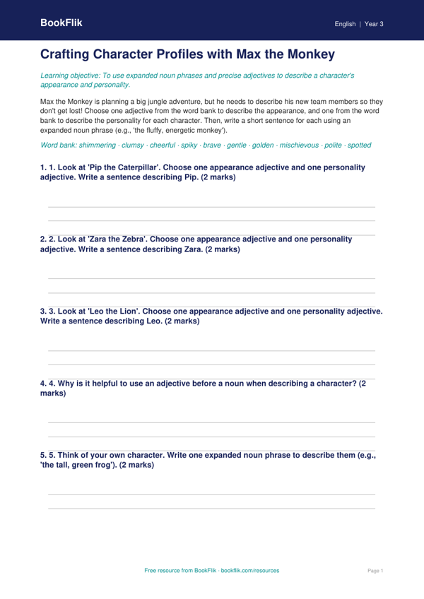 Free Character Description Activity Sheet | Year 3 Core | BookFlik worksheet preview — English Character Description