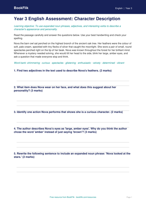 Free Character Description Assessment | Year 3 Core | BookFlik worksheet preview — English Character Description