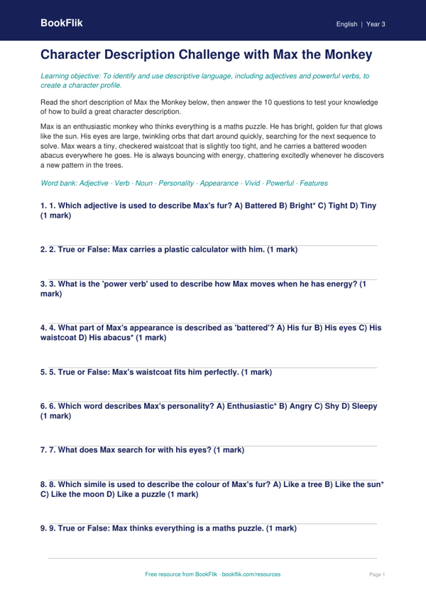 Free Character Description Quiz | Year 3 Core | BookFlik worksheet preview — English Character Description