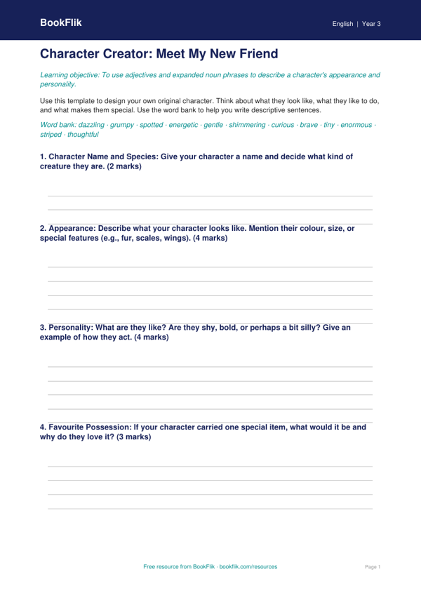 Free Character Description Template | Year 3 Core | BookFlik worksheet preview — English Character Description