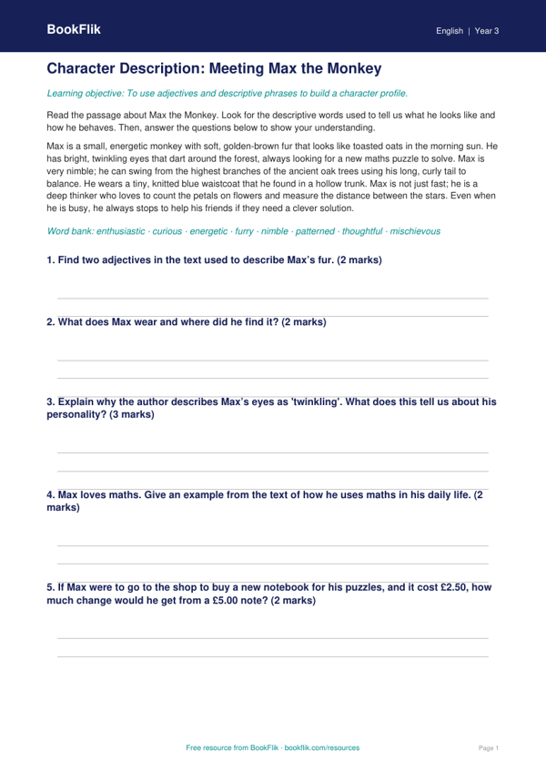 Free Character Description Track Sheet | Year 3 Core | BookFlik worksheet preview — English Character Description