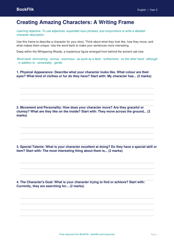 Free Character Description Writing Frame | Year 3 Core | BookFlik worksheet preview — English Character Description