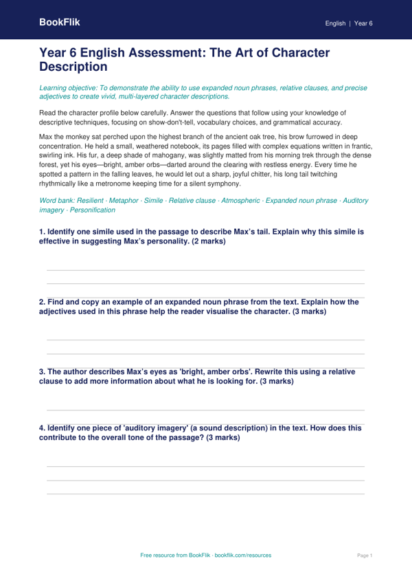 Free Character Description Assessment | Year 6 Core | BookFlik worksheet preview — English Character Description
