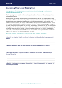 Free Character Description Comprehension | Year 6 Core | BookFlik
