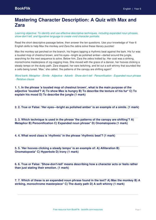 Free Character Description Quiz | Year 6 Core | BookFlik worksheet preview — English Character Description