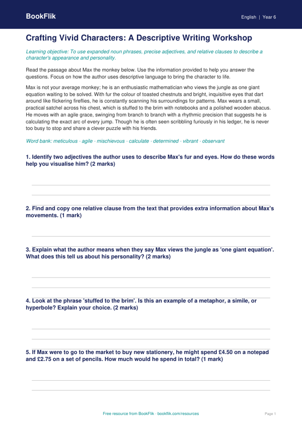 Free Character Description Track Sheet | Year 6 Core | BookFlik worksheet preview — English Character Description